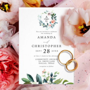 Monogrammed Blush Pink Romantic Blossoms Wedding Invitation