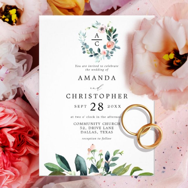 Monogrammed Blush Pink Romantic Blossoms Wedding Invitation (Creator Uploaded)
