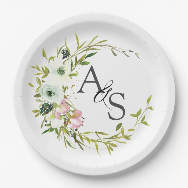 Monogrammed Blush & White floral wreath Paper Plate (Front)