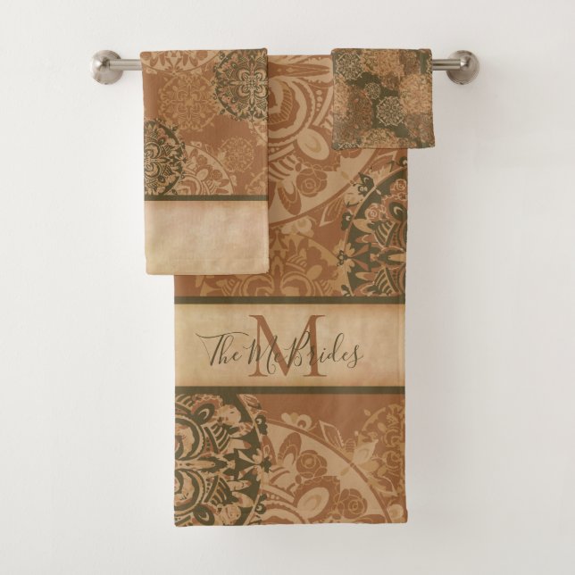 Monogrammed Boho Dark Rust Mandalas Bath Towel Set (Insitu)