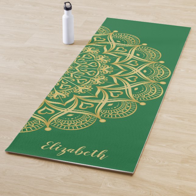 Monogrammed Boho Elegant Mandala Green and Gold Yoga Mat (In Situ)