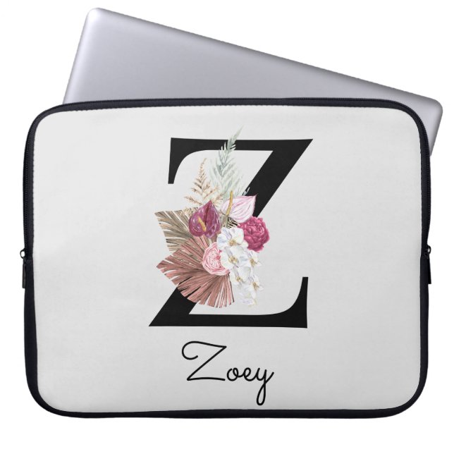 Monogrammed Boho Flowers Initial Z Laptop Sleeve (Front)