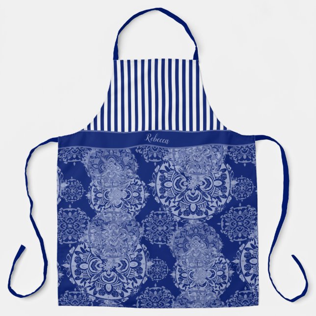 Monogrammed Boho Moody Blues Mandalas and Stripes  Apron (Front)