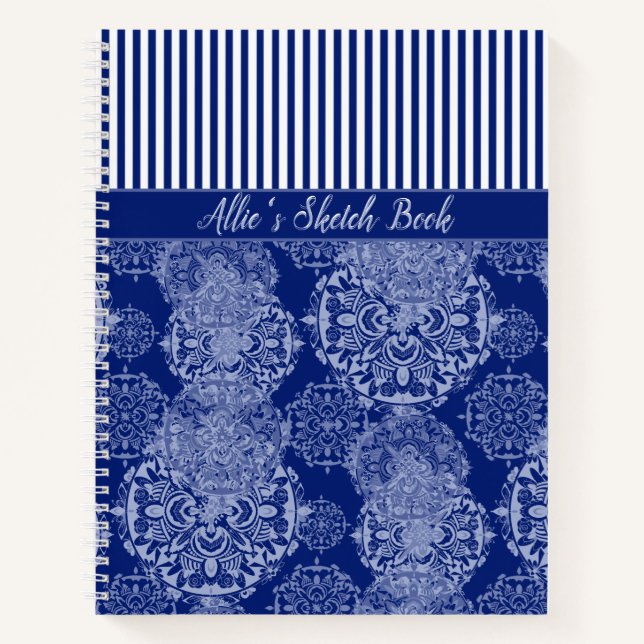 Monogrammed Boho Moody Blues Mandalas and Stripes Notebook (Front)