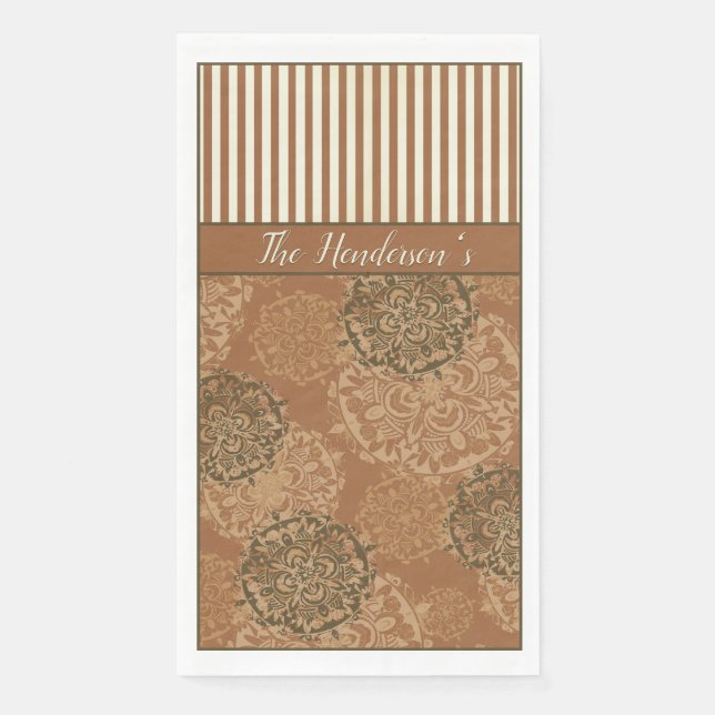 Monogrammed Boho Rust Orange Mandalas and Stripes Napkin (Front)