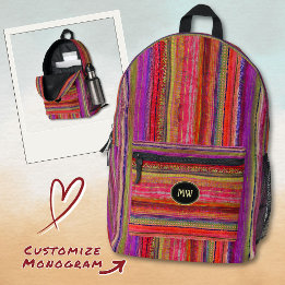 Monogrammed Boho Vintage Red Violet Stripes - Printed Backpack