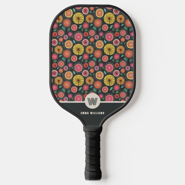  Monogrammed Bold Boho Chic Floral Personalised Pickleball Paddle (Front)