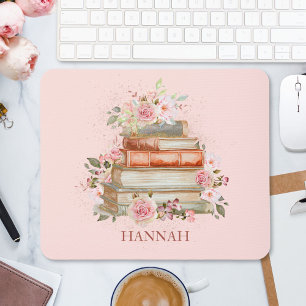 Monogrammed Books and Vintage Pink Roses Bookplate Mouse Mat