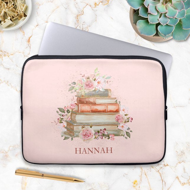 Monogrammed Books and Vintage Pink Roses Laptop Sleeve (In situ)