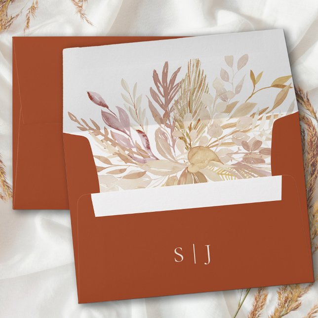 Monogrammed Botanical Foliage Terracotta Cream Envelope (Terracotta wedding invitation envelopes with monogram bride and groom initials and foliage inside)