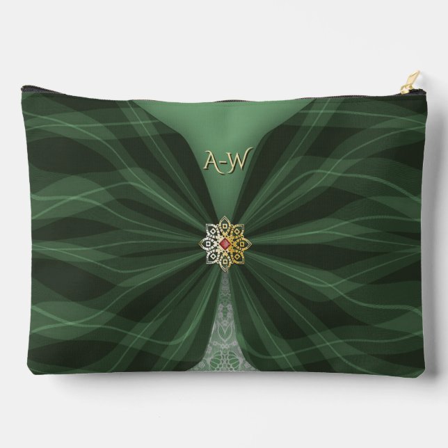 Monogrammed Botanical Green Textile Illusion   Accessory Pouch (Back)