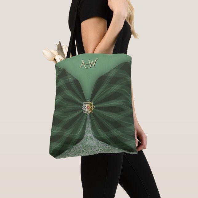 Monogrammed Botanical GreenJewel Textile Illusion  Tote Bag (Close Up)