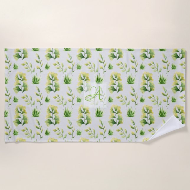 Monogrammed Botanical Leaves Watercolor Green Deco Beach Towel (Front)