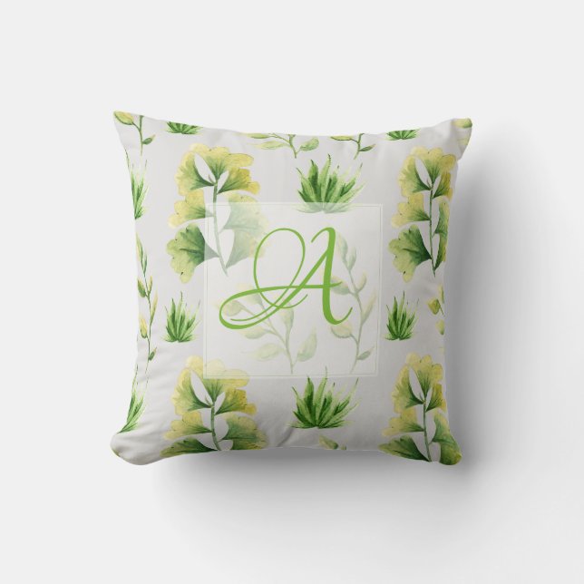 Monogrammed Botanical Leaves Watercolor Green Deco Cushion (Front)
