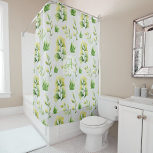 Monogrammed Botanical Leaves Watercolor Green Deco Shower Curtain
