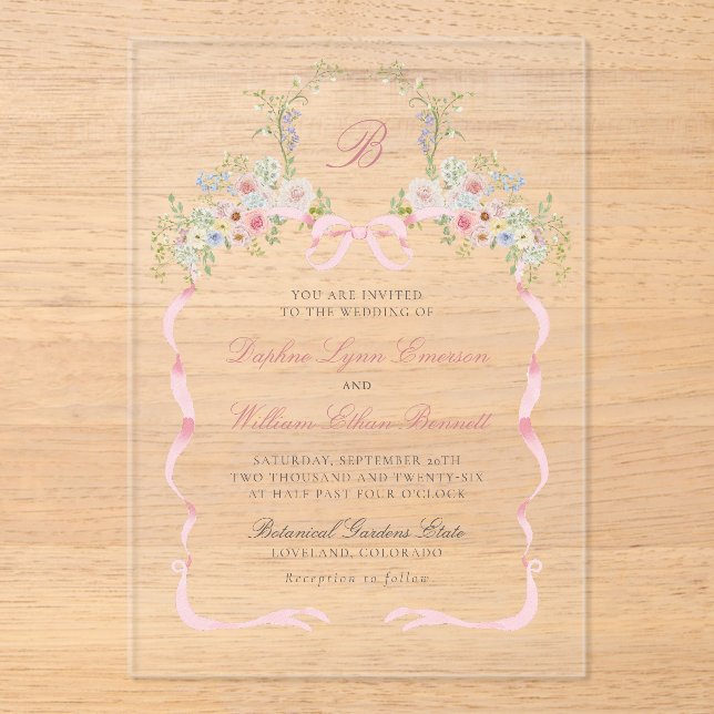 Monogrammed Bows and Florals Wedding Acrylic Invitations (Front)
