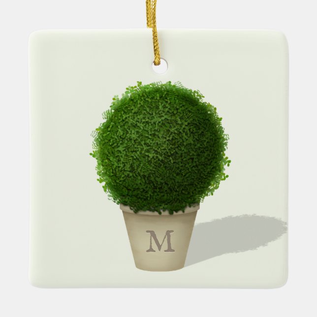 Monogrammed Boxwood Topiary Memorial Keepsake Ceramic Ornament (Front)