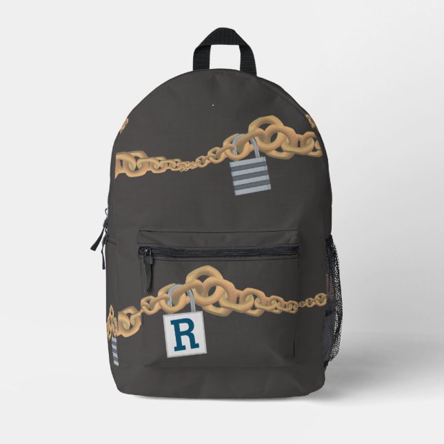 Monogrammed Boy's Chains & Lock Themed Printed Backpack (Front)