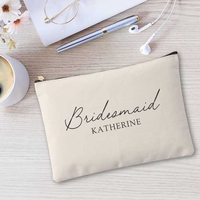 Monogrammed Bridesmaid Beige Elegant Script Accessory Pouch (In situ, on office desk)