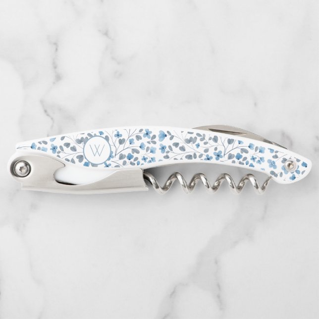 Monogrammed Bridesmaid Blue Floral Wedding  Corkscrew (Front)