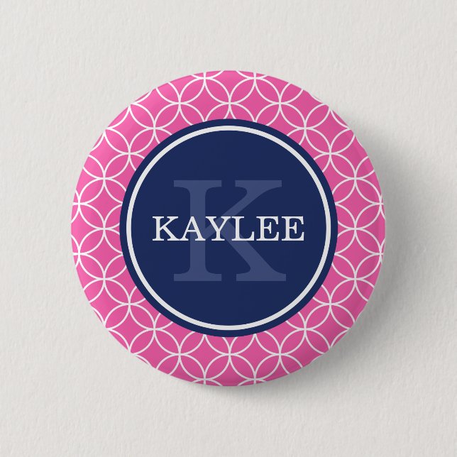 Monogrammed Bright Pink Circle Petal Pattern 6 Cm Round Badge (Front)