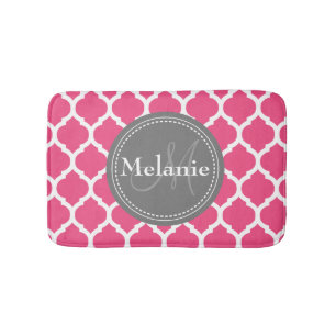Monogrammed Bright Pink & Grey Quatrefoil Bath Mat
