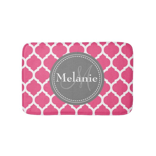 Monogrammed Bright Pink & Grey Quatrefoil Bath Mat (Front)