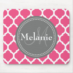 Monogrammed Bright Pink & Grey Quatrefoil Mouse Mat