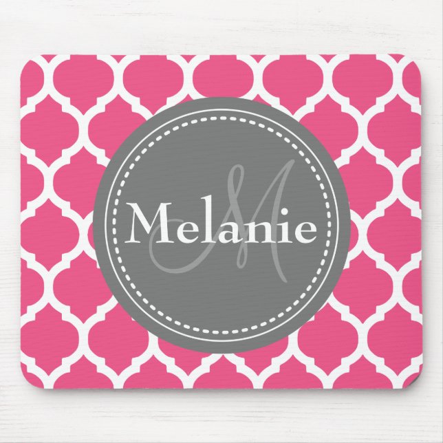 Monogrammed Bright Pink & Grey Quatrefoil Mouse Mat (Front)
