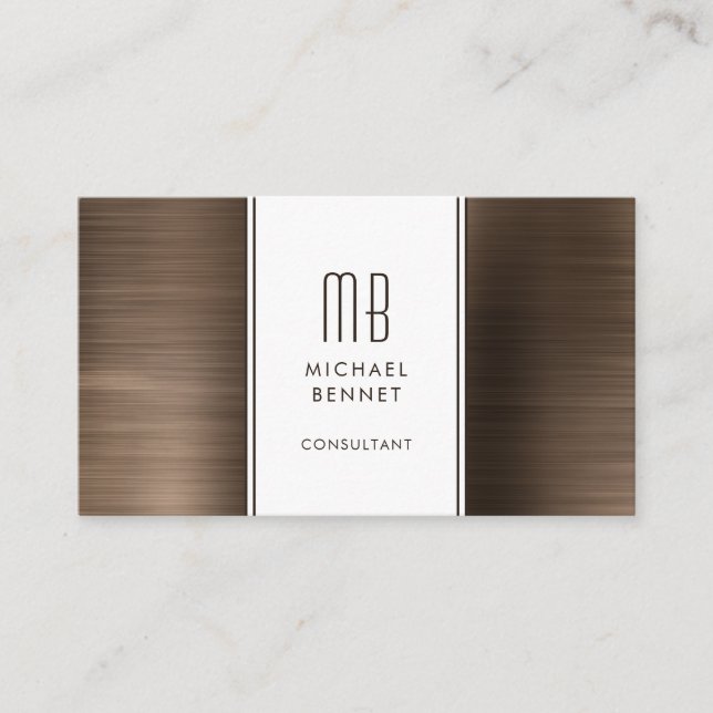 Monogrammed Bronze Brown Metallic Foil Consultant Business Card (Front)