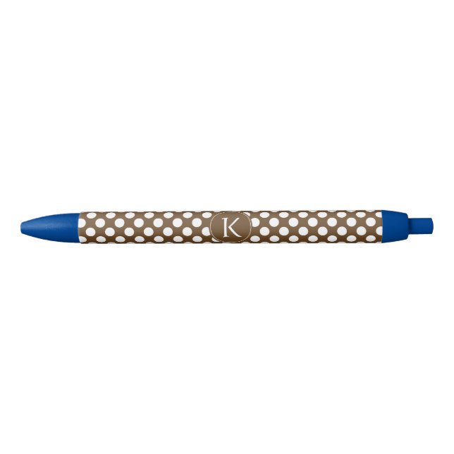 Monogrammed Brown and White Polka Dot Black Ink Pen (Front)