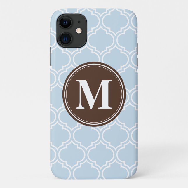 Monogrammed Brown Baby Blue Trellis Pattern Case-Mate iPhone Case (Back)