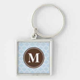 Monogrammed Brown Baby Blue Trellis Pattern Key Ring