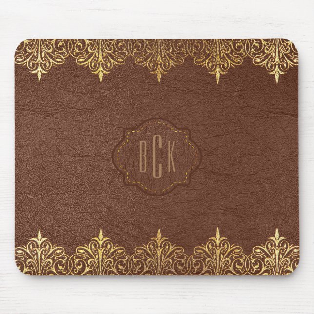 Monogrammed Brown Faux Leather Gold Lace Accent Mouse Mat (Front)