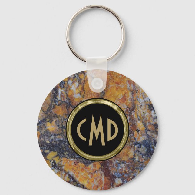Monogrammed  Brown Faux Marble Stone Key Ring (Front)