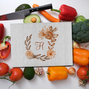 Monogrammed Brown Peach Floral Autumn Fall Colours Cutting Board