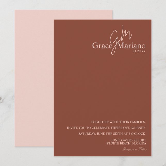 Monogrammed Brown Pink Script Logo Wedding   Invitation (Front/Back)