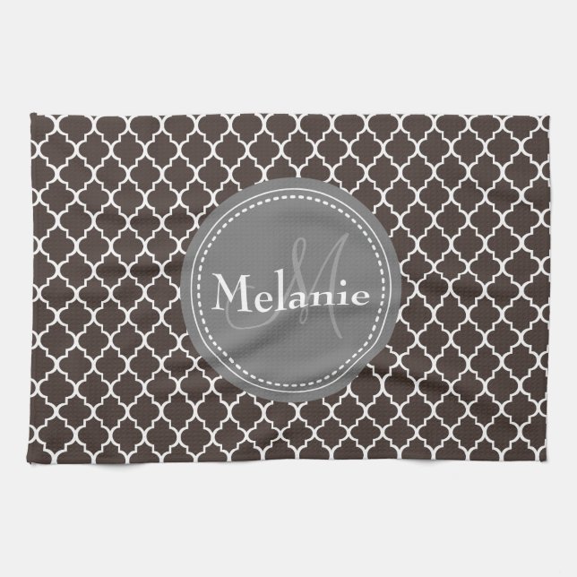 Monogrammed Brown White Moroccan Lattice Pattern Tea Towel (Horizontal)