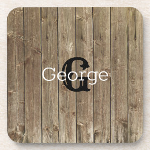 Monogrammed Brown Wood   Handsome Minimalist Coaster