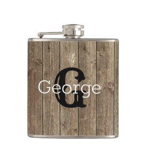 Monogrammed Brown Wood Handsome Modern Hip Flask