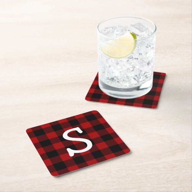 Monogrammed buffalo plaid square paper coaster (Insitu)