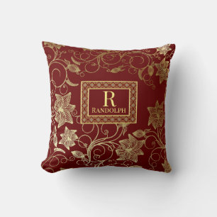 Monogrammed Burgundy And Gold Floral Throw Pillow