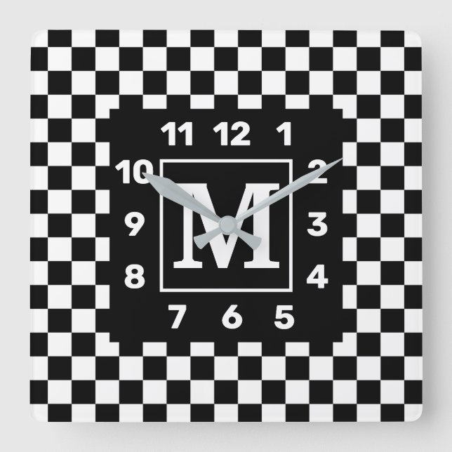 Monogrammed BW Chequered Square Wall Clock (Front)