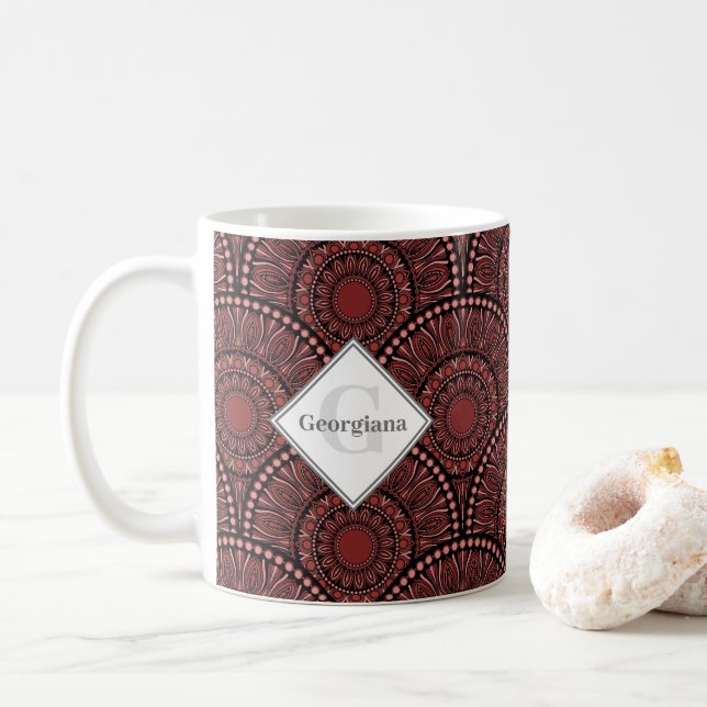 Monogrammed Cabernet Coral Whirl Dot Mandala Deco Coffee Mug (With Donut)
