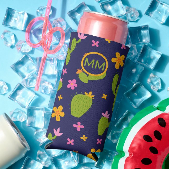 Monogrammed Cactus Fun Personalised Seltzer Can Cooler (In Situ Summer)