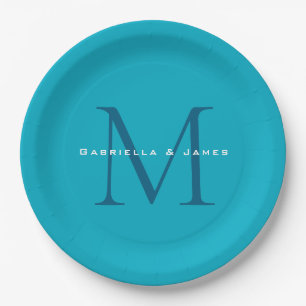 Monogrammed Calligraphy Azure Blue Modern Plain Paper Plate