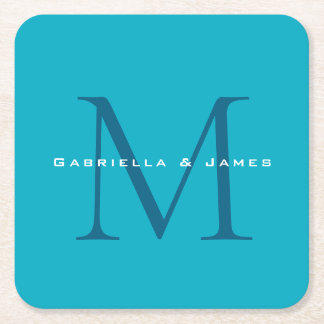 Monogrammed Calligraphy Azure Blue Modern Plain Square Paper Coaster
