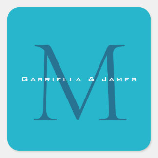 Monogrammed Calligraphy Azure Blue Modern Plain Square Sticker