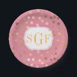 Monogrammed Candy Pink and Gold Glitter City Dots Paper Plate<br><div class="desc">Modern and on-trend dots of faux gold glitter and a custom three-letter monogram make these paper party plates the perfect addition to any celebration.</div>