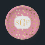 Monogrammed Candy Pink and Gold Glitter City Dots Paper Plate<br><div class="desc">Modern and on-trend dots of faux gold glitter and a custom three-letter monogram make these paper party plates the perfect addition to any celebration.</div>